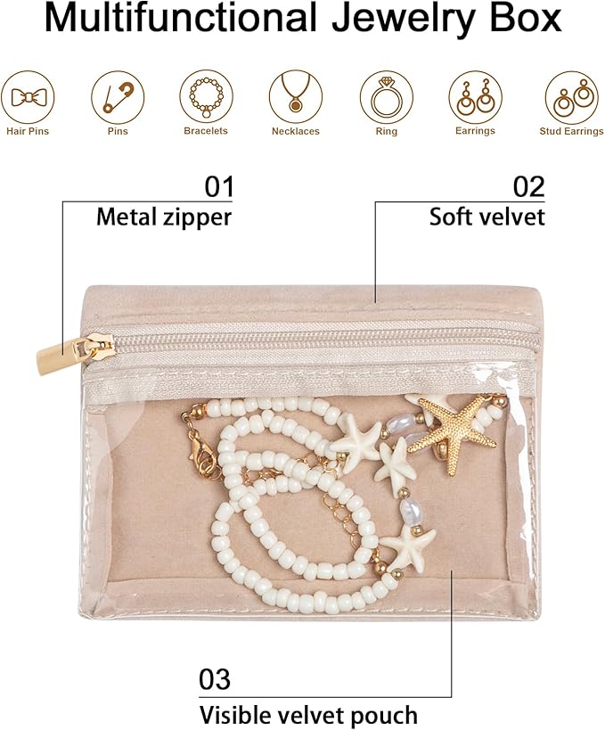 Frebeauty Travel Jewelry Organizer, 6 Pcs Velvet Jewelry Pouch Bag with Zipper Pocket, Visualization Design for Rings, Earrings, Necklace
