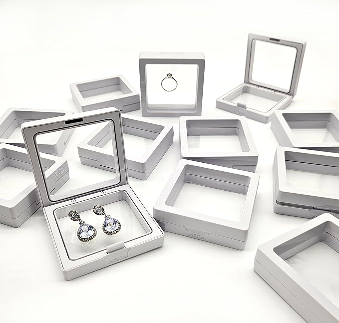 12PCS 3D Floating Frame Display Stand, Jewelry Box, Gift Box, Ornament Organizer, Small Travel Jewelry Box, PE Film Anti-Oxidation, Suspended Display Box Stackable (White, 2.75 * 2.75)