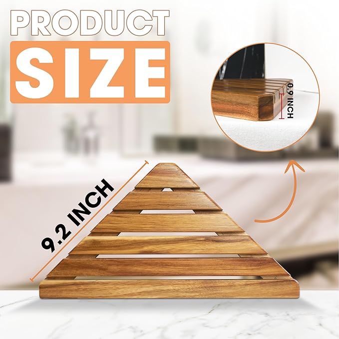 ENKEZI Acacia 2,3,4 Tiers Corner Shower Shelf, Triangular Corner Shelf Wooden Bathroom Shelf for Tiled Wall, Shower Corner Shelf, No Drilling Requied (4)