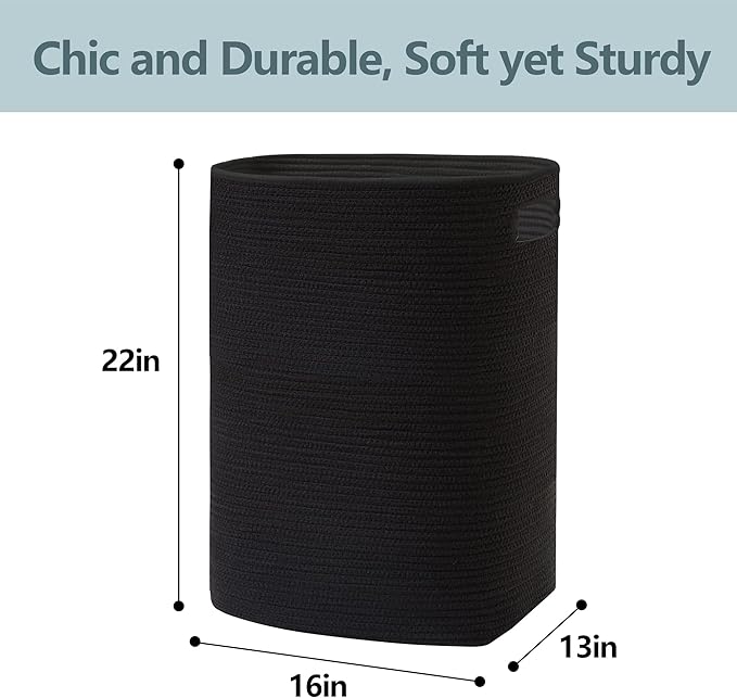 MEGASKET Large Laundry Hamper 16"x13"x22" - Tall Woven Laundry Basket, Cotton Rope Dirty Clothes Hamper, Baby Kids Nursery Wicker Laundry Basket, Bedroom Aesthetic, Soft Laundry Bin, Black Hamper, 75L
