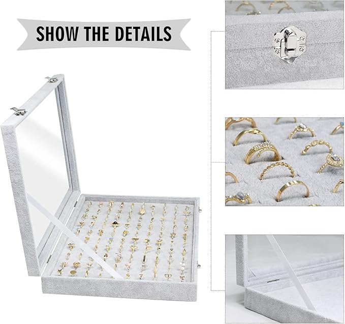 Siveit Ring Display Case Organizer Box with Transparent Lid 100 Slot Holder Showcase For Store Display Jewelry Show Home Organizer For Jewelry Rings Studs Earrings (Grey)