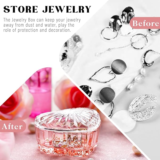 kanpura Glass Heart Shaped Jewelry Box Candy Dish with Lid Ring Earring Trinket Storage Box Vintage Jewelry Organizer Decorative Jar Christmas Gift for Women Girls(Pink)