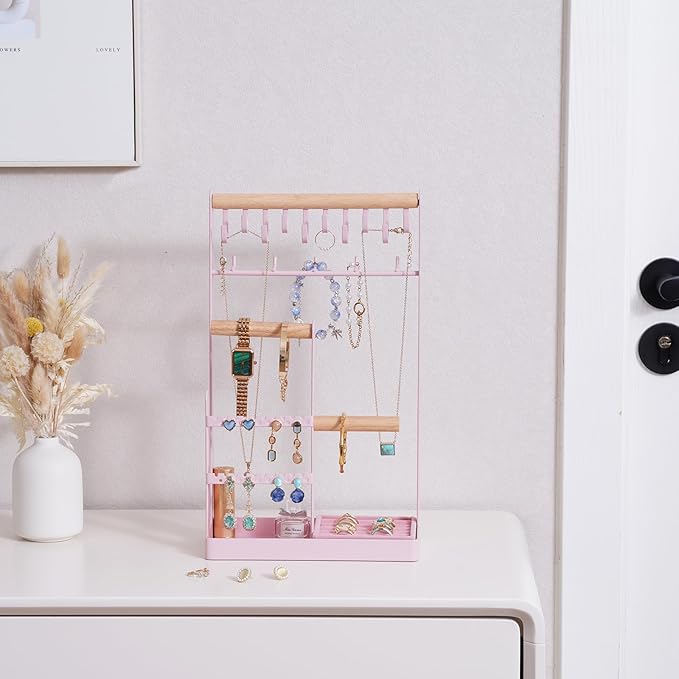 ProCase Cute Jewelry Stand, Aesthetic Jewelry Organizer for Dresser Vanity, Jewelry Holder Display for Necklaces Earrings, Gifts for Teen Girls Women, Bedroom Dorm Decor -Large, Pink