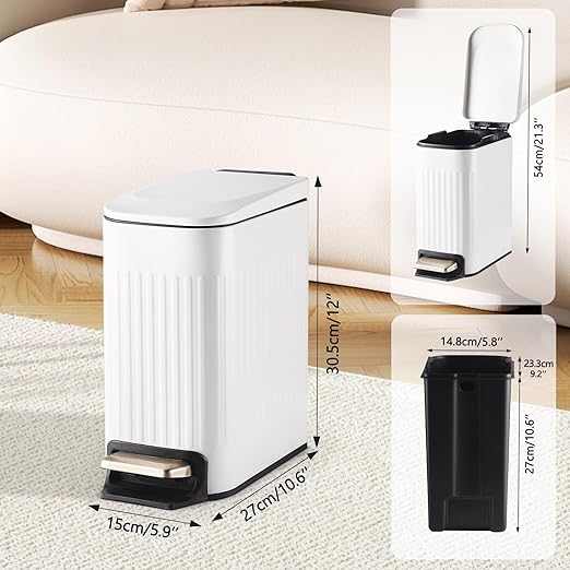 SYNCVIBE Slim Bathroom Trash Can with Lid Soft Close, Stainless Steel Garbage Can Step Trash Bin with Removable Inner Bucket for Bedroom, Office, Kitchen (Matt White, 1.8 Gallons)