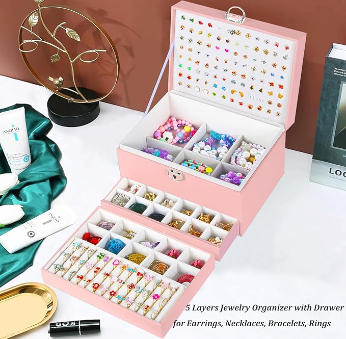 QBestry Earring Jewelry Box for Girls Pink, 5 Layers Jewelry Organizer with Lock Key Jewelry Boxes for Women Necklace and Earring Holder Organizer for Girls Teen Jewelry Box Earrings Case Xmas Gifts