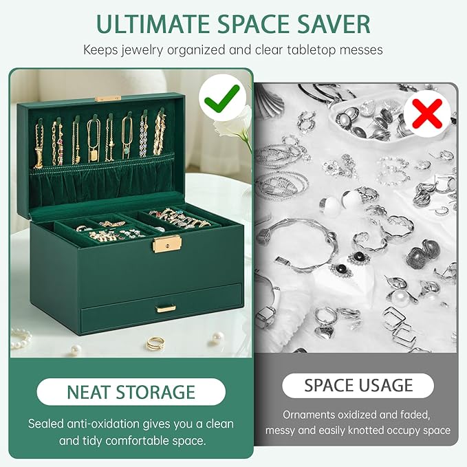 AKOZLIN Travel Jewelry Box Organizer Functional 2-trays Leather Jewelry Storage Case with Lockable Portable Drawer for Women Girls Ring Necklace Earring Bracelet