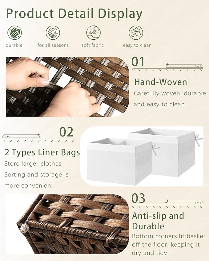 SETVSON Storage Basket with Lid Wicker Baskets for Storage with 2 Separate Lid 42.3 Gallon (160 L) 29.9 x 17.3 x 18.1 Inches Rattan Woven Large Wicker Basket with 2 Liners for Bedroom Laundry Brown
