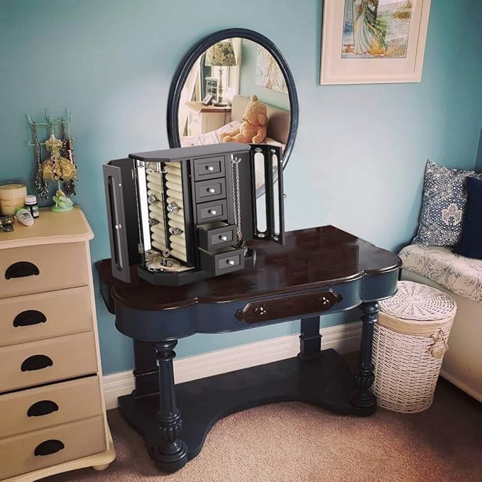 RR ROUND RICH DESIGN Jewelry Box - Made of Solid Wood with Cabinet Type 5 Drawers Organizer and 2 Separated Open Doors on 2 Sides and Large Mirror Black