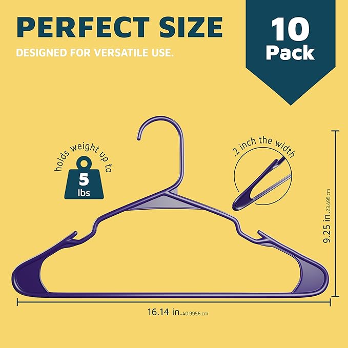 Lifemaster Plastic Clothes Hangers – Heavy Duty Hanger Set, for Organizing Clothes, Dresses, and Coat, Holds Up to 5 lbs, Space-Saving Hangers with Non-Slip Shoulder Grooves, Pack of 10, Purple