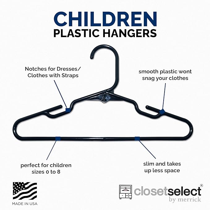 Closetselect Childrens Hangers 30 Pack - 11.75 Inch Plastic Kids Hangers for Closet, Baby Hangers for Children Clothes Sizes 0 to 8, Non-Slip Infant Hangers with Shoulder Grooves, Made in USA | Black