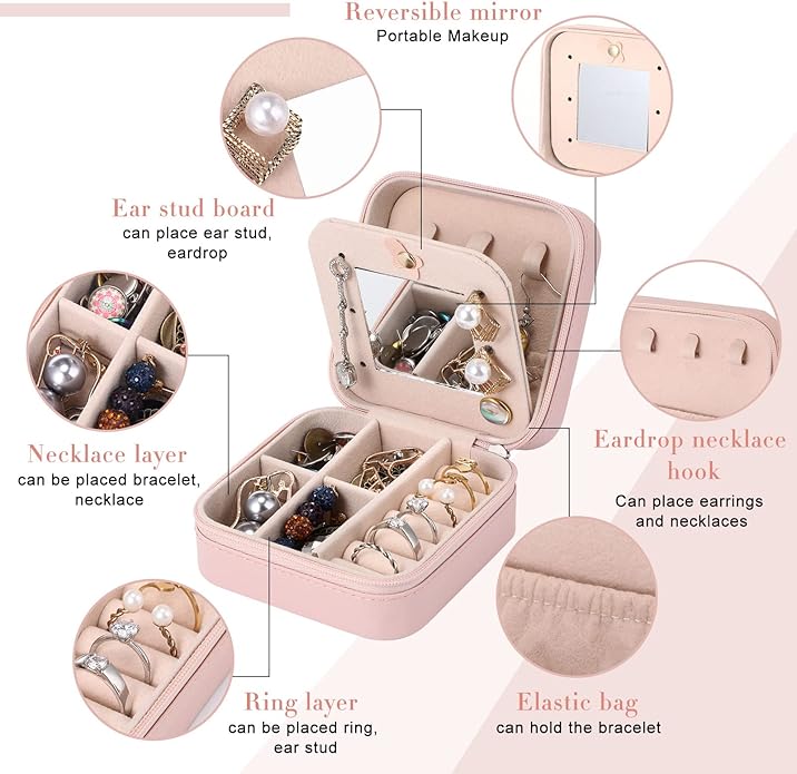 Hillban Bridesmaid Gifts Jewelry Box with Mirror, PU Leather Small Travel Jewelry Case Organizer Storage for Women Girls