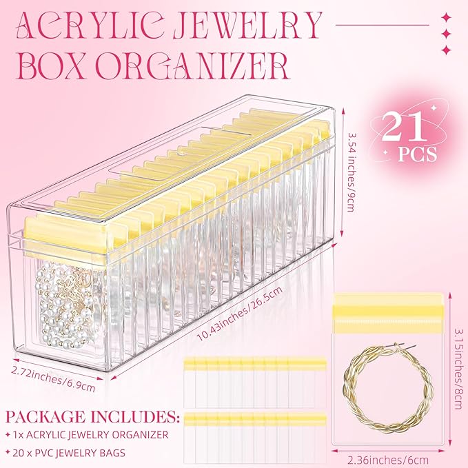 Kenning 21 Pcs Acrylic Jewelry Case Organizer, Clear Jewelry Organizers Holder with Portable Anti Tarnish Storage Bags for Rings, Earrings, Necklaces, Ideal Gifts for Women (Yellow)