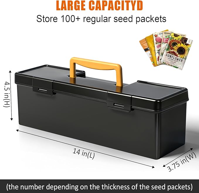 tutata Seed Packet Organizer Box Plastic Portable Seed Packet Storage Box, Seed Storage Organizer - Black