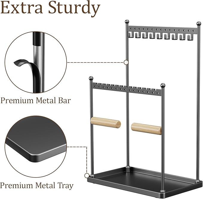 3 Tier Black Jewelry Stand, Necklace Organizer, Earring Holder with 44 Holes and 9 Hooks, for Necklaces, Bracelets, Rings