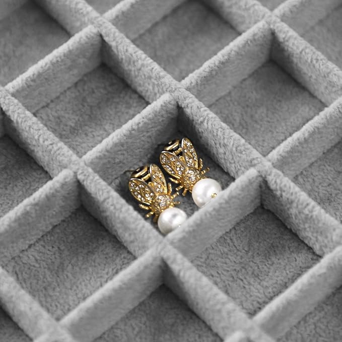 Stratalife Jewelry Organizer 48 Grid Jewelry Trays with Dust-proof Lid Velvet Earring Organizer Ring Holder Accessories Box Necklaces Earrings Storage for Women Drawers Gray