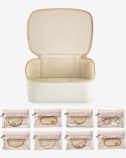 VLANDO Jewelry Travel Case,Travel Jewelry Organizer with Clear Velvet Jewelry Bags Zipper Pouch for Women Girl Gift- 8Pcs White