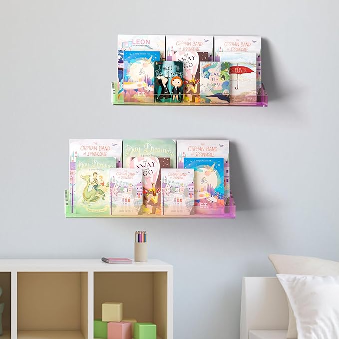 Bakzon 2 Pack Acrylic Shelves for Wall Storage, 15" Floating Shelves, Kids Bookshelf, Nail Polish Holder, Perfume Display Shelf Organizer for Bathroom, Bedroom, Living Room, Iridescent