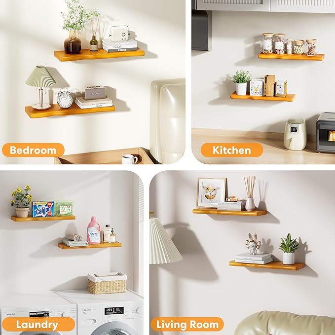Floating Shelves for Wall Rustic Farmhouse 24 Inch Floating Shelf Wooden Shelves for Wall Mounted Live Edge Pine Shelf with Unique Natural Grain for Living Room Bedroom Kitchen (Honey Walnut)