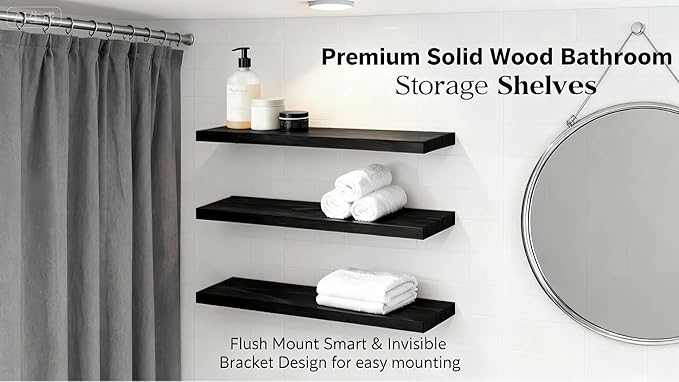 ROGMARS Black Wooden Floating Shelves for Wall 36 Inches Long,Rustic Solid Wood Farmhouse Wall Shelves with Invisible Brackets for Bathroom, Living Room, Bedroom, Kitchen Set of 3