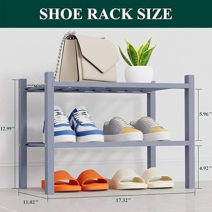 Smiry Shoe Rack, 2 Tier Thick Small Bamboo Shoe Organizer, Stackable Free Standing Wooden Shoe Storage Shelf for Closet, Entryway, Front Door Entrance, Grey