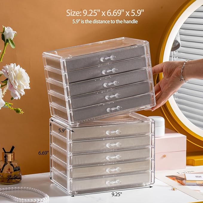 YUFONG Necklace Holder Organizer, Dustproof Necklace Box Velvet Necklace Organizer Box with Lid Clear Acrylic Dustproof Stackable Jewelry Displays for Necklaces Chain Display (Pink, 5 Drawer)