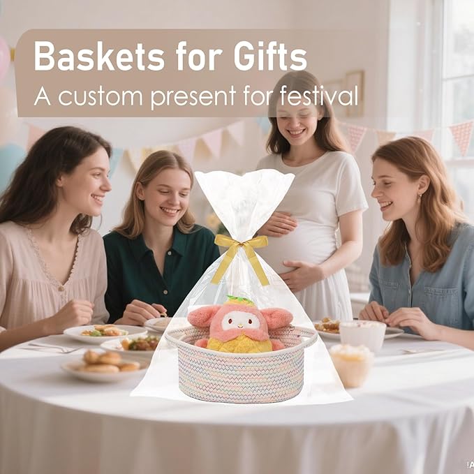 JMvicyroam Woven Basket,Small Rope Storage Bin with Handles & Ribbon Bag, Organizer for Shelves Closets,Gift Basket Empty for Birthday,Books,Dog Toys, Colorful