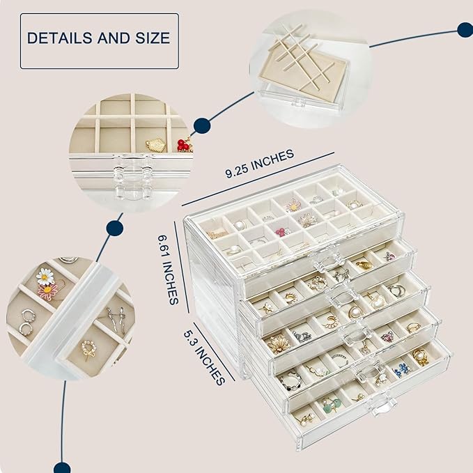 Acrylic Earring Holder Organizer with 5 Drawers Clear Earring Organizer Box with 90 Adjustable Grids Velvet Earring Display Case Jewelry Organizer for Earrings Rings Studs (Beige)
