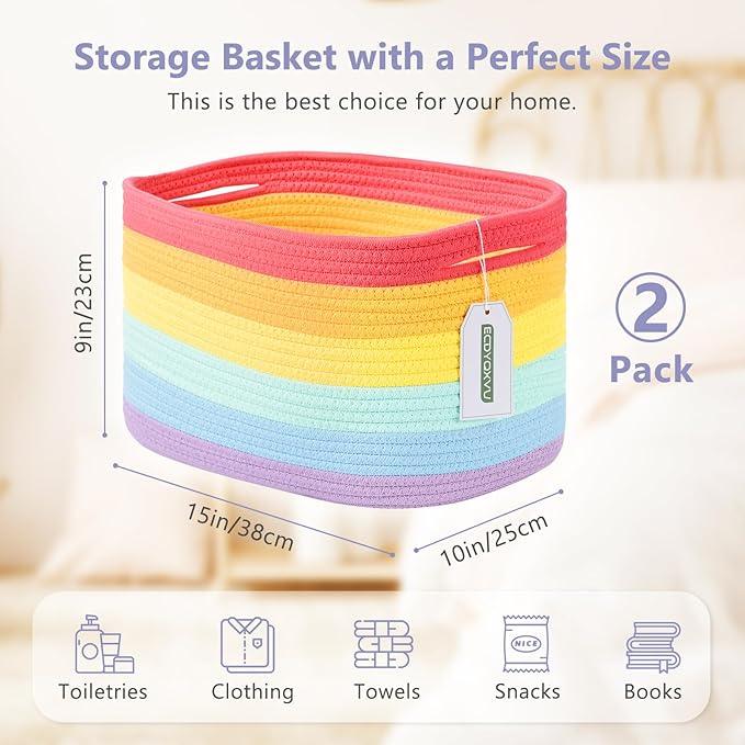 ECDYQXVU Cotton Rope Storage Basket, 15x10x9 Inches, Woven Basket for Shelves, Clothes, Towels, Books, and Laundry, Rainbow (2 Pack)