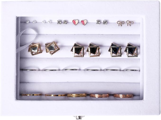 Frebeauty Rings/Earring Organizer Tray with Clear Lid,7 Slots Ring Box Velvet Ring Holder Drawer Insert Jewelry Storage Box Jewelry Display Case Jewelry Box Gift for Women and Girls(7 Slots,White)