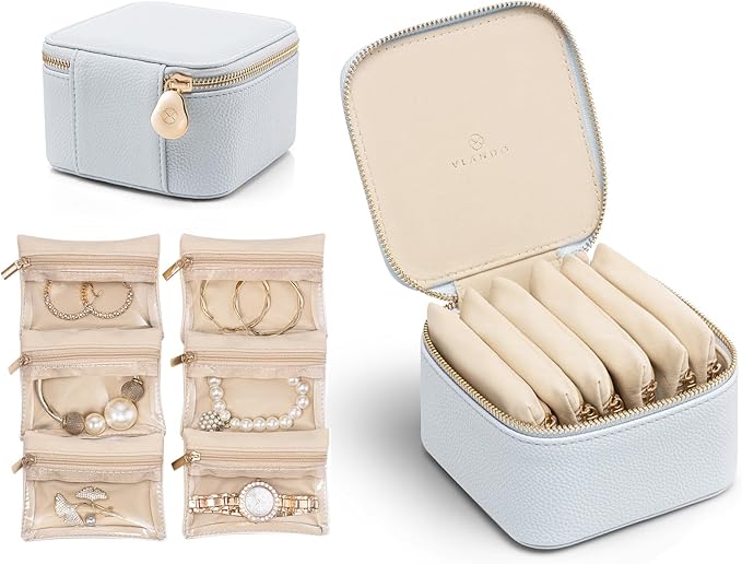 VLANDO Travel Jewelry Box Organizer – Portable PU Leather Jewelry Case with 6/8/12 Zippered Pouches, Compact Storage for Earrings Rings Necklaces Bracelets, Baby Blue
