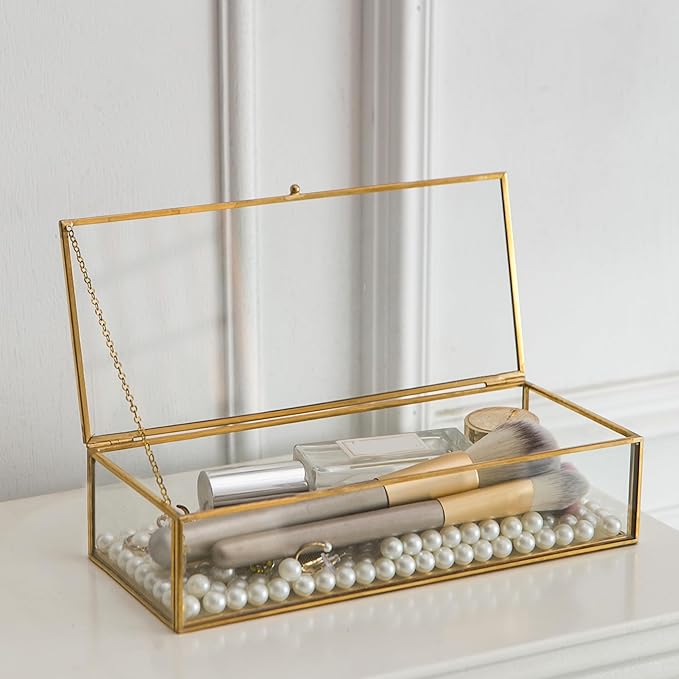 Glass Jewelry Box, Vintage Rectangle Gold Keepsake Box Organizer Box Vanity Lidded Box Home Decor Accent Decorative Box for Storage Trinket Rings Bracelet
