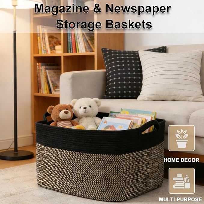 96L Large Blanket Basket,24"x16"x15"Rectangle Storage Bin with Handles,Woven Rope Laundry Basket for Toys, Clothes,Magazines,Home Organization,Nursery,Living Room & Bedroom,Black&Jute