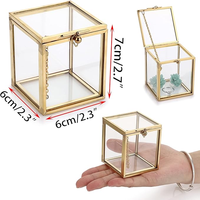 Hipiwe 2 Packs Vintage Glass Jewelry Organizer Box - Small Golden Metal Keepsake Box Desktop Jewelry Organizer Holder, Wedding Birthday Gift, Square Vanity Decorative Box for Dresser Bathroom