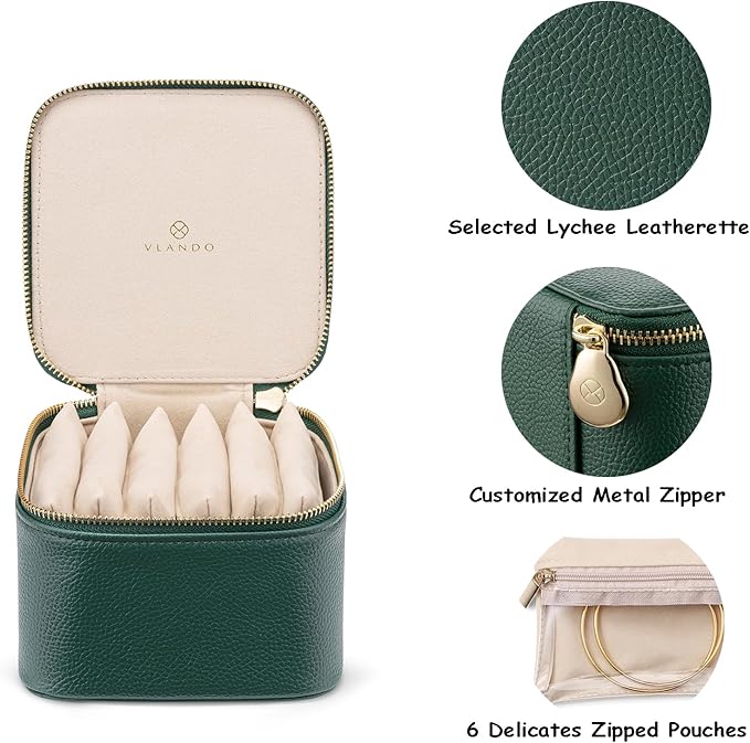 VLANDO Travel Jewelry Box Organizer – Portable PU Leather Jewelry Case with 6/8/12 Zippered Pouches, Compact Storage for Earrings Rings Necklaces Bracelets, Dark Green