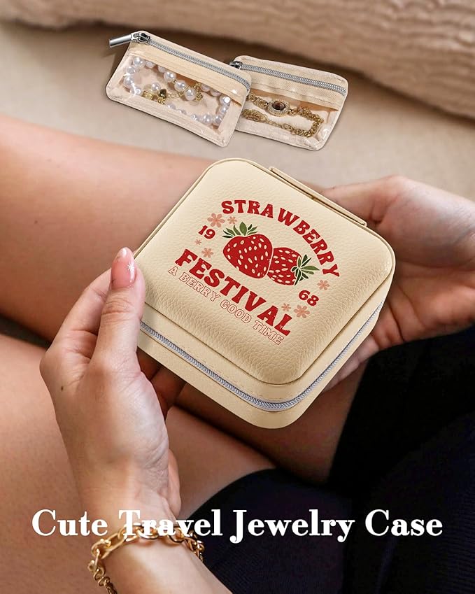 Bistup Travel Jewelry Case - Small Jewelry Organizers and Storage Box for Women Girls Teens Cute Traveling Jewelry Holder with Mirror Little Tiny Compact Strawberry Modern Unique Aesthetic Pretty