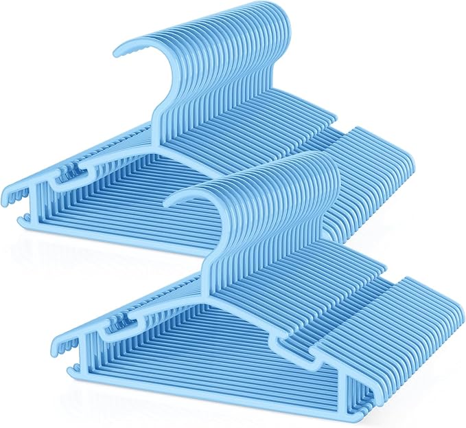 VILICK Kids Plastic Hangers, Baby Clothes Hangers for Closet 50 Packs Non-Slip Toddler Hanger for Infant Child Clothing, Small Children Hangers for Pants Coats Skirts (Blue)