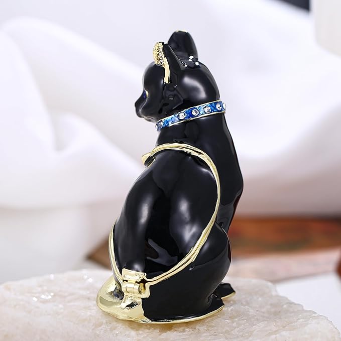 Hand Painted Animal Trinket Box for Home Decor, Hinged Jewelry Organizer Storage, Unique Personalized Collectible Keepsake Figurine Handmade Decorative Ornament Gifts (Black Cat)