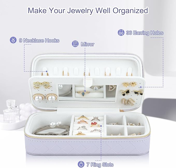 DesignSter Travel Jewelry Case, Woven Embossed PU Leather Jewelry Organizer with Mirror, Small Portable Jewelry Box for Women Rings Necklaces Bracelets Earrings