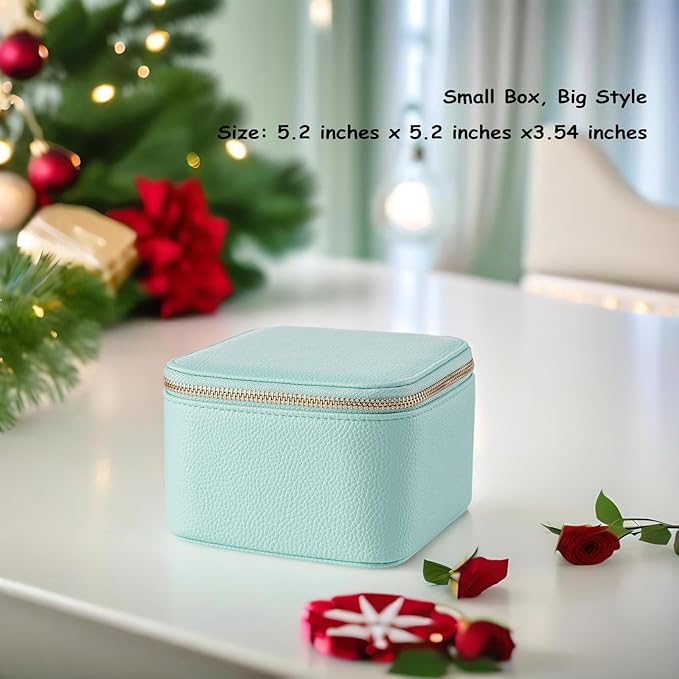 VLANDO Travel Jewelry Box Organizer – Portable PU Leather Jewelry Case with 6/8/12 Zippered Pouches, Compact Storage for Earrings Rings Necklaces Bracelets, Aqua Blue