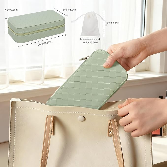 DesignSter Travel Jewelry Case, Woven Embossed PU Leather Jewelry Organizer with Mirror, Small Portable Jewelry Box for Women Rings Necklaces Bracelets Earrings