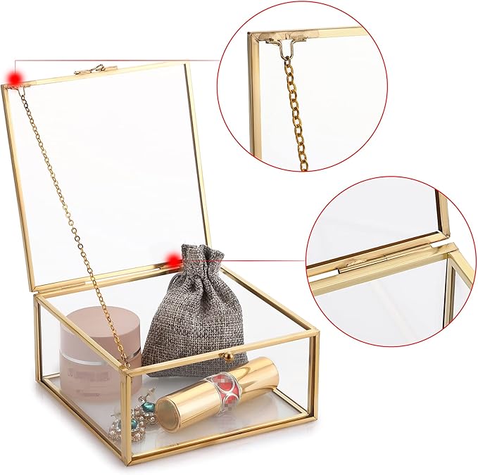 Hipiwe Vintage Glass Jewelry Organizer Box - Golden Metal Keepsake Box Desktop Jewelry Organizer Holder, Wedding Birthday Gift, Square Vanity Decorative Box for Dresser,Bathroom