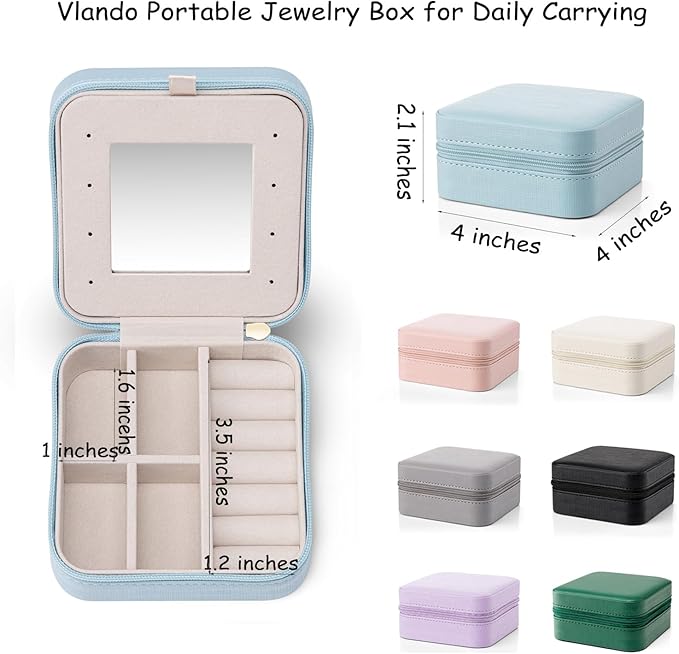 Vlando Small Travel Jewelry Box Organizer - Mirrored Carry-on Jewelries Necklaces Rings Earrings Necklace Storage Case, Beige