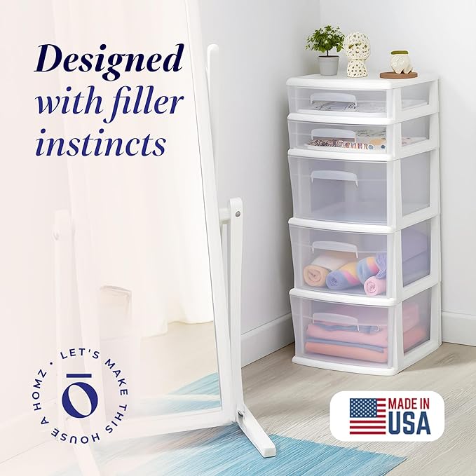 HOMZ 5-Drawer Storage Cart, Clear Plastic Drawers, 14.25" Wide Medium, White Frame - Organizing Drawer Containers for Home, Bathroom, Office, and Classroom