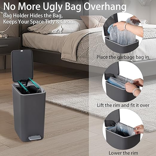 rejomiik Small Bathroom Trash Can with Lid, 3.2 Gallon Step Garbage Can with Handle, Slim Mini Wastebasket Bin for Bedroom, Office, Dorm, Dark Gray