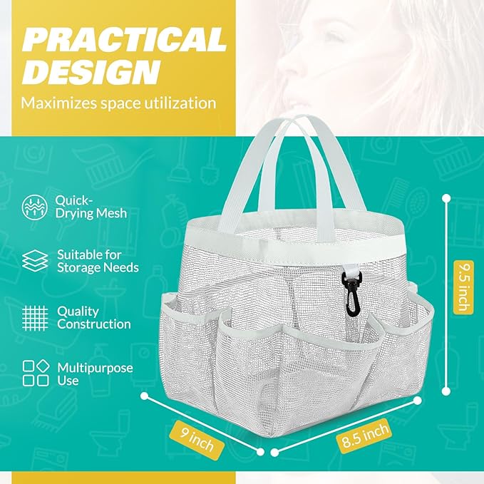 LOYEE Mesh Shower Caddy Portable for College Dorm Room Essentials with 8 Pockets, Shower Bag for Beach, Swimming, Gym, Travel, Bathroom(All white)
