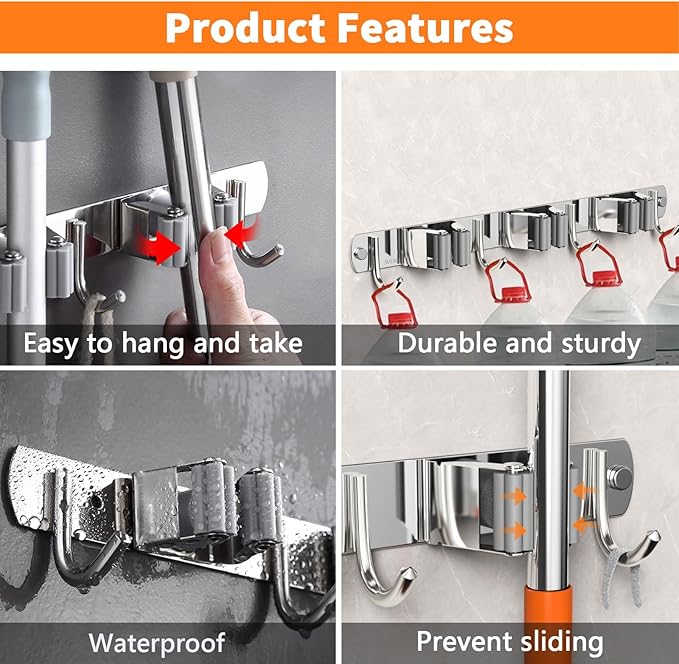 CUXIXA 2 Pack Mop and Broom Holder Wall Mount, Non-slip Broom Hanger, Heavy Duty Mop Broom Organizer for Kitchen Garden Garage Laundry Room Wall Decor Organization and Storage Silver 3R4H
