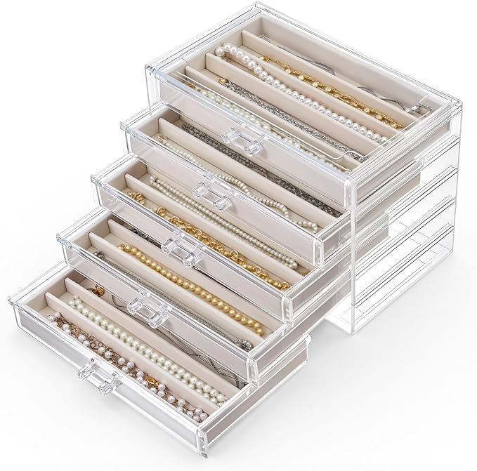 5 Layer Acrylic Necklace Storage Drawer, Dustproof Jewelry Box Organizer with 5 Drawers Dustproof Necklaces Box Clear Acrylic Jewelry Boxes for Women Girls Ring Necklace Earring Bracelet Organizers