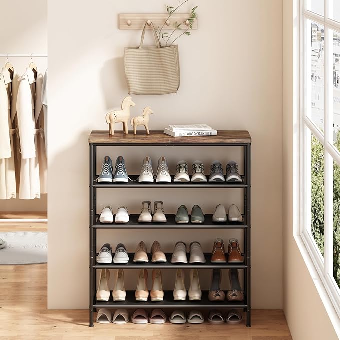 INGIORDAR Shoe Rack Organizer 5 Tier Metal Organizer Shelf with Industrial MDF Board and Layer Fabric for Entryway Closet Bedroom Living Room Garage,Black & Rustic Brown (Black+Rustic Brown, 5 Tier)