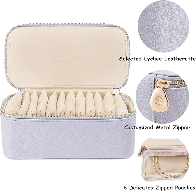 VLANDO Travel Jewelry Box Organizer – Portable PU Leather Jewelry Case with 6/8/12 Zippered Pouches, Compact Storage for Earrings Rings Necklaces Bracelets, Lilac Purple