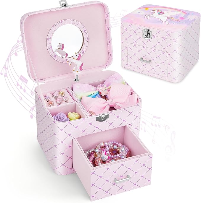 Basumee Musical Jewelry Box for Girls PU Leather Music Box with Drawer Large Kids Jewelry Organizer with Unicorn/Ballerina Jewelry Storage for Little Girls Ages 3–10, Birthday & Holiday Present